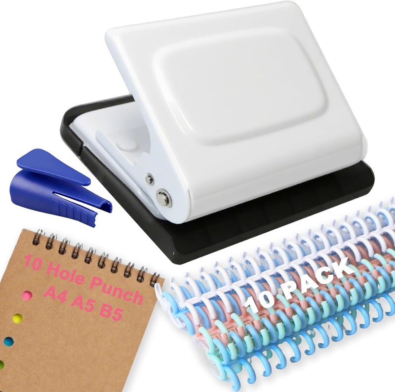 Silvaxis 10 Hole Punch Binding Machine for Planner, Manual Binding System with 10 Multi-Color Binder Rings for Making 26 Holes on B5, 30 Holes on A4, 20 Holes on A5 Book, 10 Sheet Capacity - White - Image 1